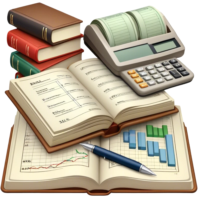 Icon for Business Reading: an open book with graphs, numbers, percentages, formulas, and text on the pages, next to a stack of books, a pile of dollars, a calculator, and a pen. The icon should represent the analytical and strategic nature of business literature. Transparent background. emoji