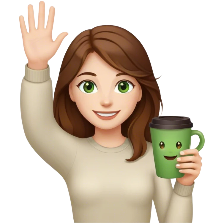 Long, Brown haired girl with green eyes, smiling, waving with one hand, coffee cup in the other emoji