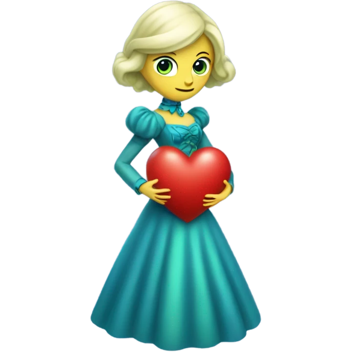 "galora green blonde alien woman" in blue Victorian dress elegant, full body, holdig red big hearth emoji