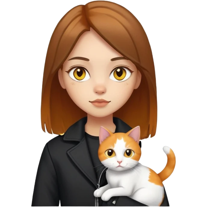Light-skinned girl with brown straight hair wearing a black jacket, holding one pure white cat with yellow eyes and one calico cat with orange and black patches emoji