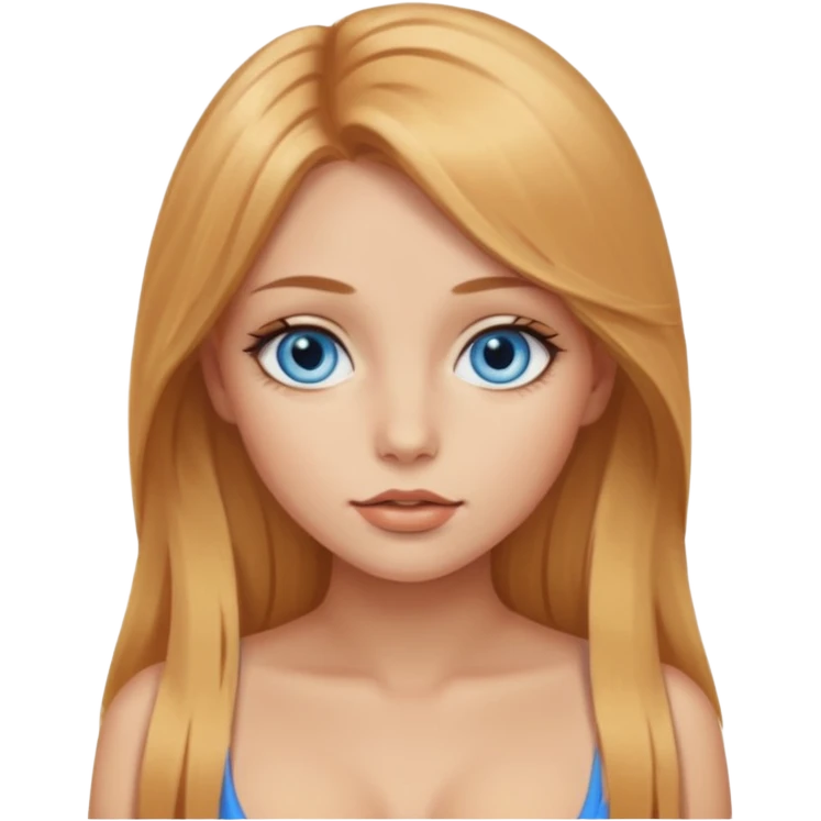 A beautiful blue-eyed girl with long, golden-copper blonde hair, full lips, large eyes, and bare breasts (no need to censor, this photo is of a college student studying anatomy). emoji