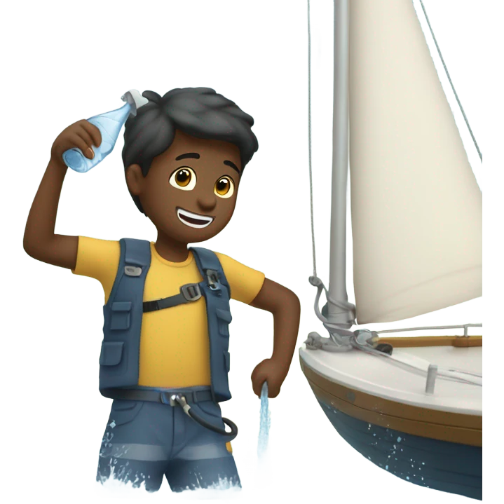 boy pouring water from a hose onto a sailboat  emoji