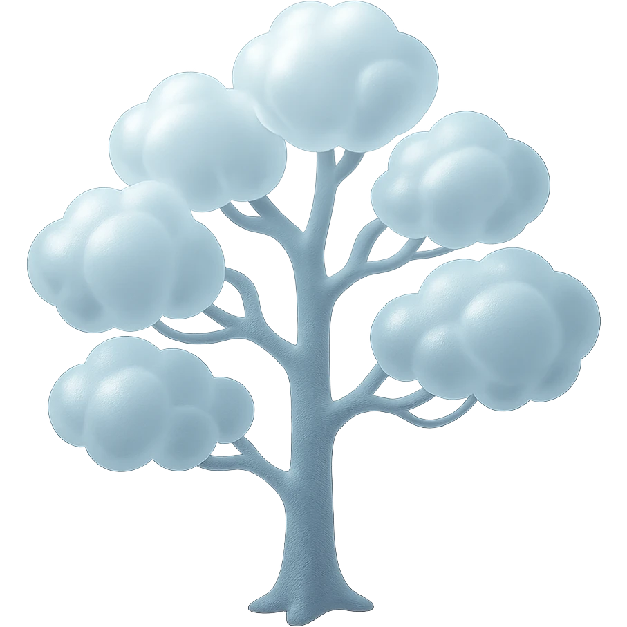 one tree with many branches and a white trunk, crown made of small very bright white fluffy convex clouds, matte glass style emoji