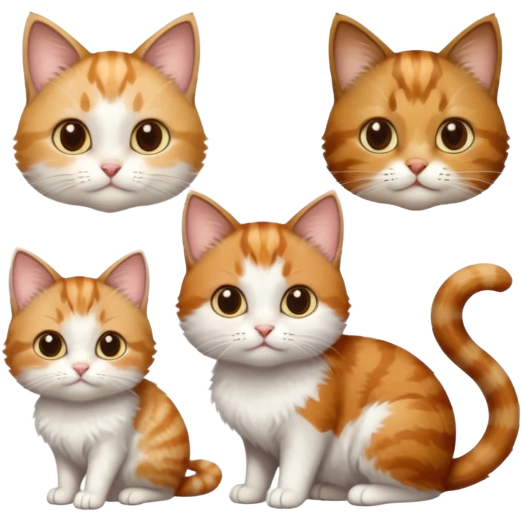 3 small cats different colours including brown tabby and white, light patchy calico, and ginger and white emoji