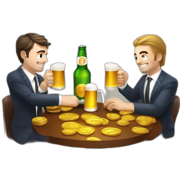 Ceo of coinhouse Nicolas louvet and ceo of cube3 Valentin Demé drinks a beer with bitcoin around him emoji