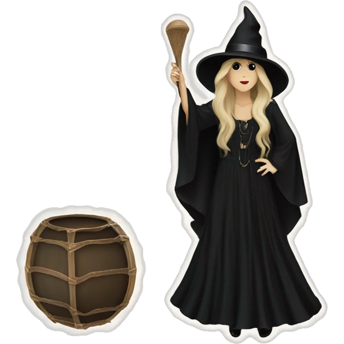 Stevie nicks in a black hat in a witchy dress holding a tambourine. emoji