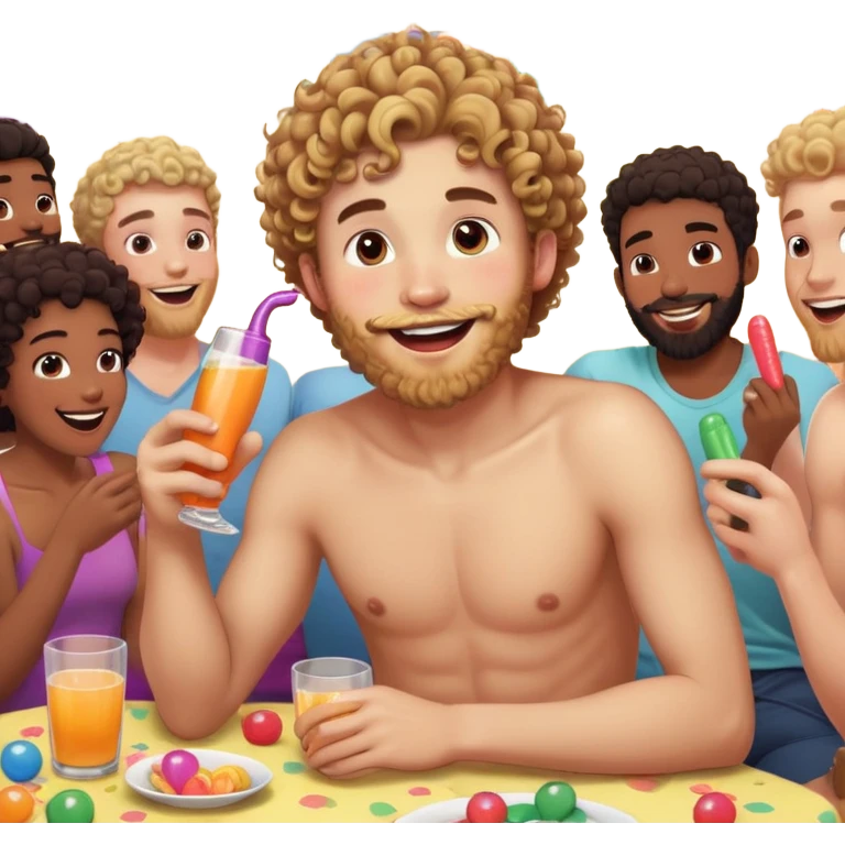 A shirtless young man with curly hair and a beard sits at a party table, smiling tipsy and amused. He’s holding a rubber dildo with a playful, surprised look. Friends laugh around him, drinks and party vibes in the background. emoji