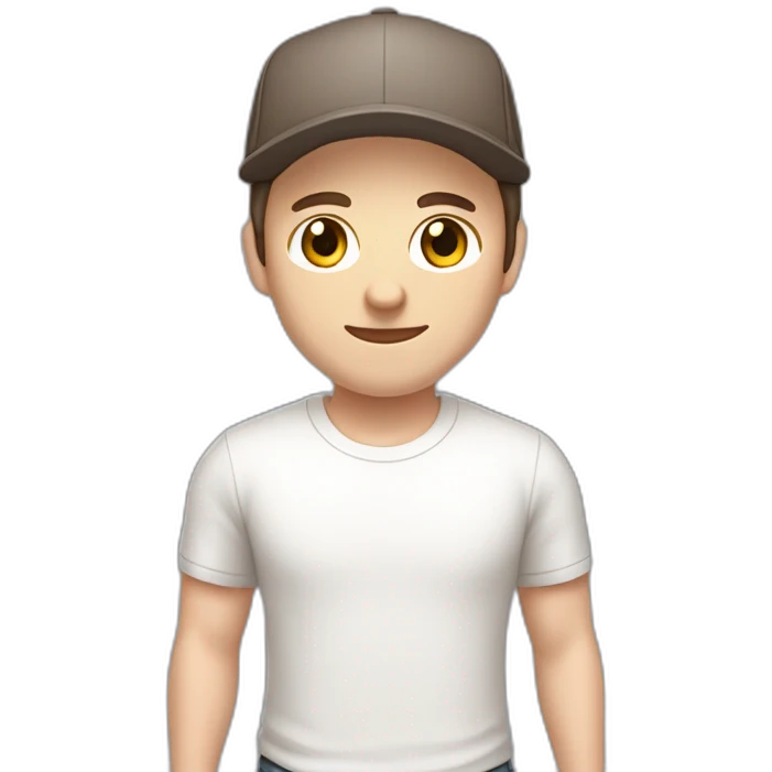Pale skinned fit Man with dark brown hair in a light gray cap, dark brown jeans, brown polo and white T-shirt keeping a pasted with tape white box into his hands emoji
