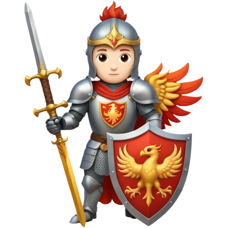 Knight with shield and sword.  Shield has a phoenix on it emoji