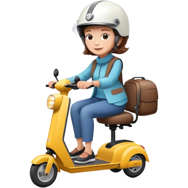 Older lady with brown hair riding a 4 wheel electric scooter wearing a helmet  emoji