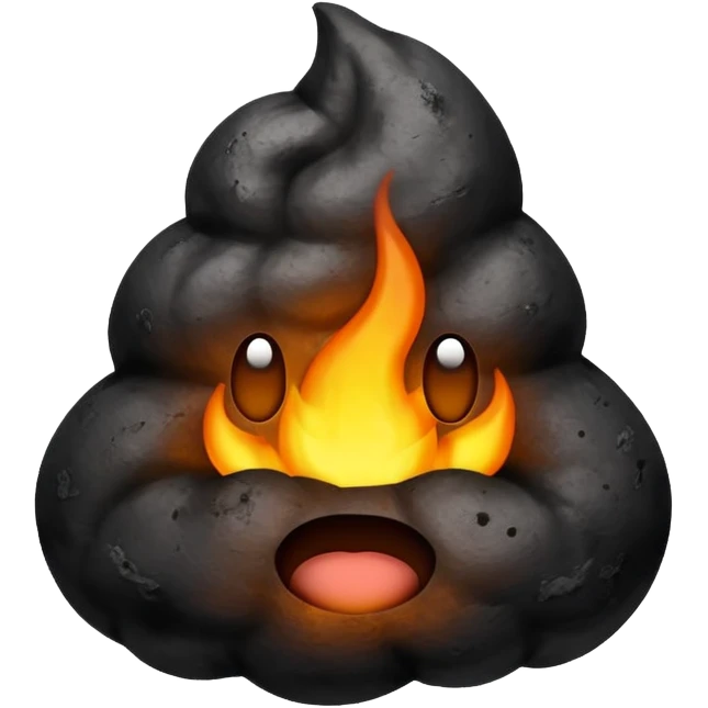 Poop emoji made of coal, burning emoji