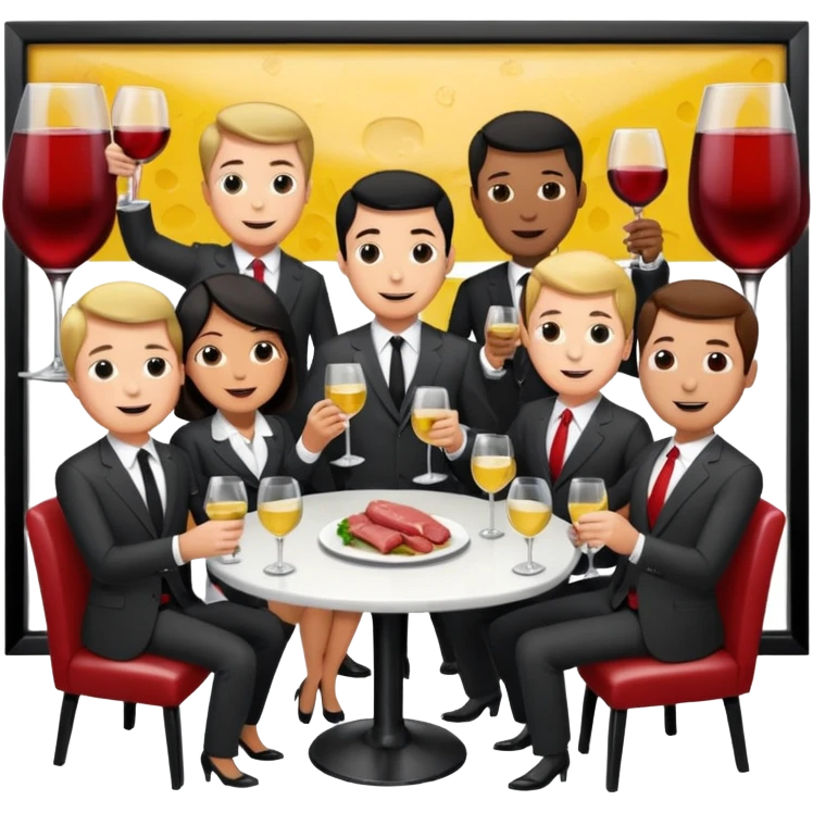 corporate executives enjoying wine Party at SPAM meat cafe parid LANDSCAPE  emoji