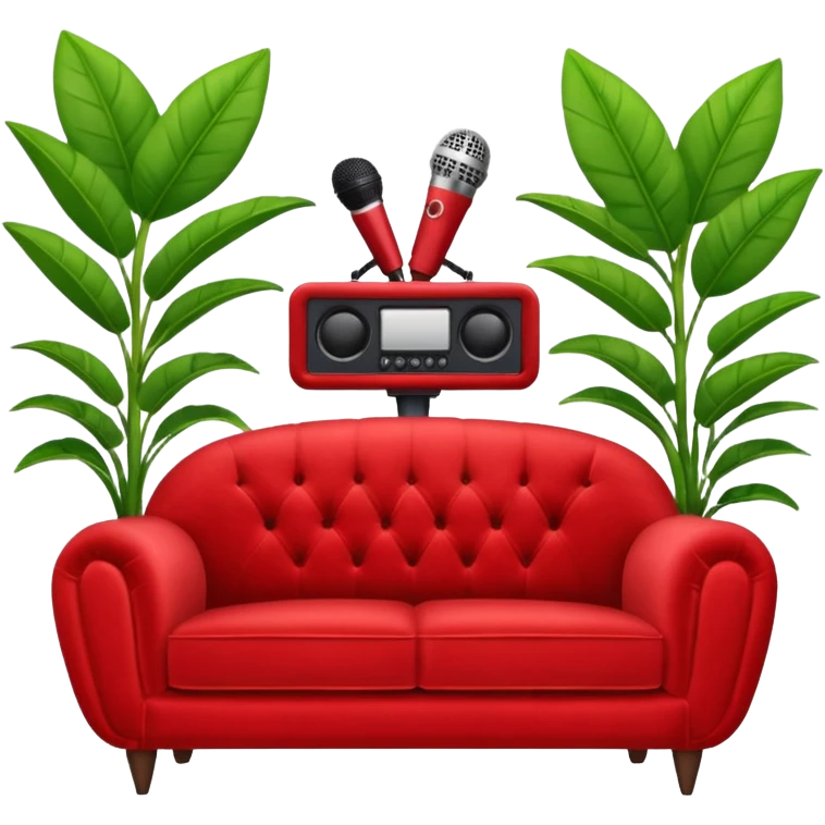 red velvet luxury loveseat with a mic in front and houseplant in back emoji