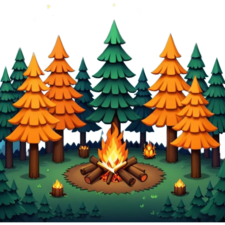 pixelated art of a forest at night, like an 8-bit game, with a campfire in the center. there are tall and short trees. emoji