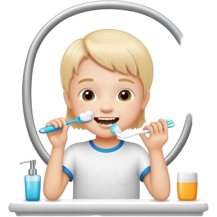 child brushing teeth in front of a bathroom mirror, cheerful expression emoji