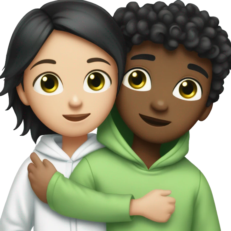 A black haired girl with green eyes who is approximately 5,2 with a black hoodie and pijamas hugging a blue eyed light brunette boy with freckles wearing pijamas and a white hoodie emoji