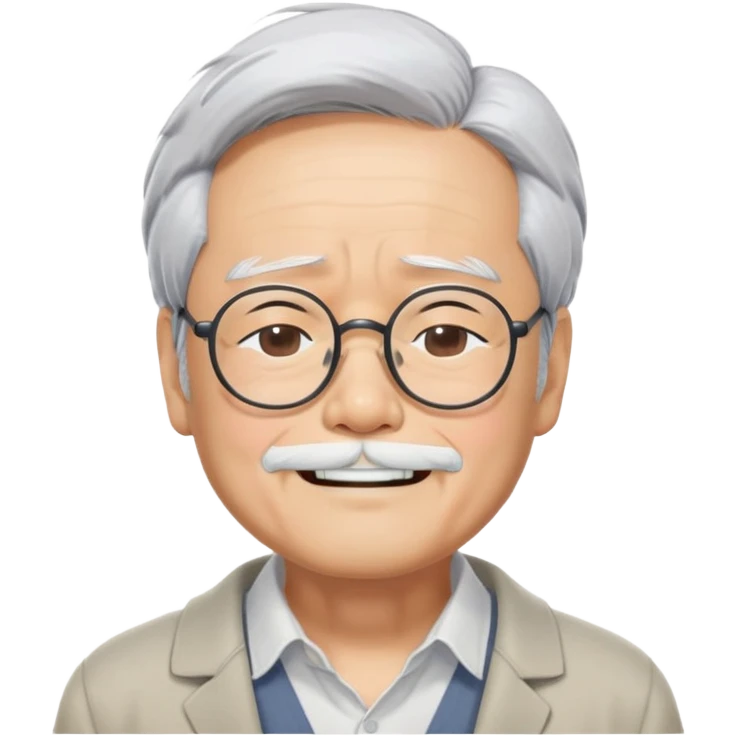 _cinematic-realistic-portrait-of-hayao-miyazaki,-depicted-with--large-rectangular-glasses,-his-happy-expression-rendered-in-lifelike-detail,-illuminated-with-soft,-realistic-lighting-that-emphasizes-his-creative-genius, his eyes shut  closed because of his large smile. eyes are shut emoji