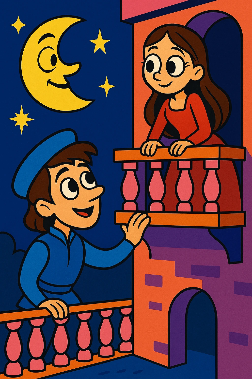 Romeo and Juliet on a cartoon balcony at night, big eyes, whimsical moon, fun and expressive, cartoon style emoji