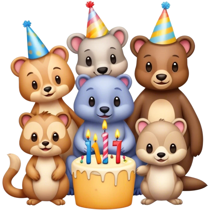 Cute cartoon animals celebrating a birthday with the letters ‘Happy B-Day” emoji