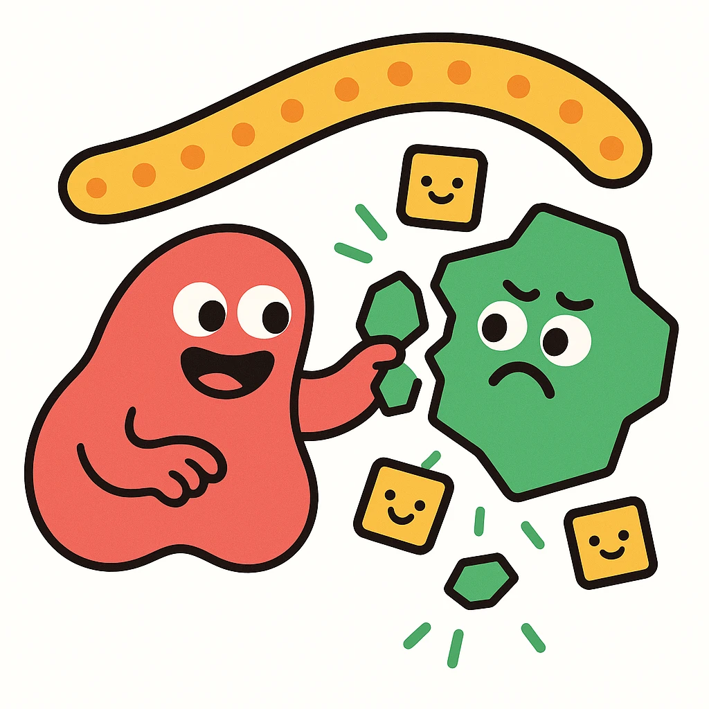 Ultra-detailed emoji-style illustration of enzyme digestion: Red amylase breaking green starch into sugars near a yellow cell membrane. Clean white background, no text. Scientific but simple emoji