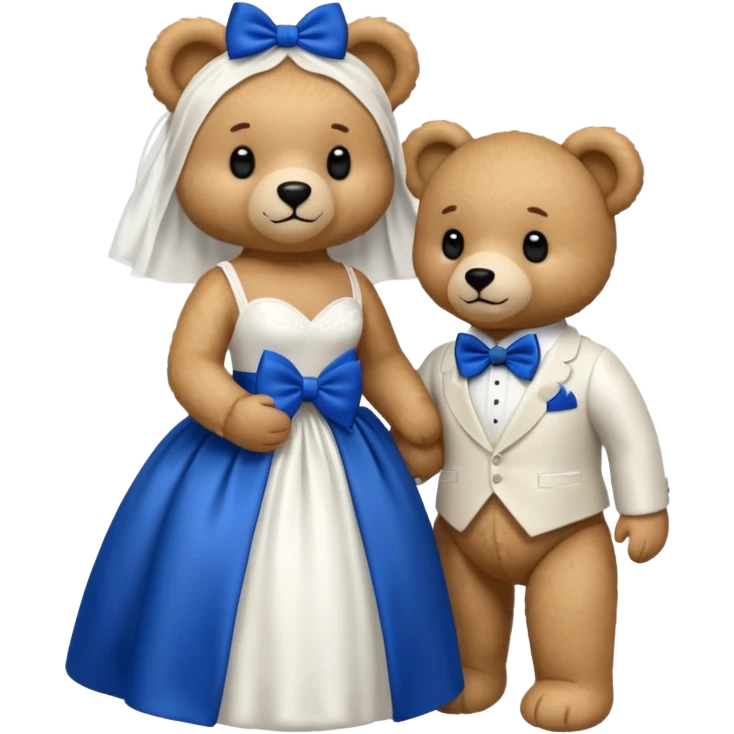 Teddy bear wearing white wedding dress holding the hand to another teddy bear wearing a big royal blue bow tie. The one with the white dress has no bows emoji