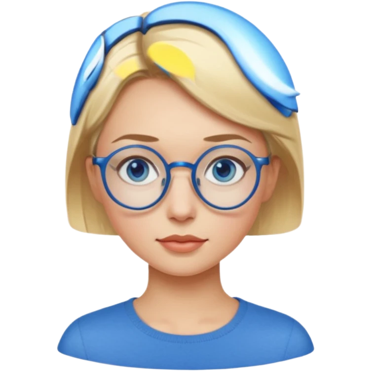 woman with very short side parted blonde haire, blue eyes and blue round glasses emoji