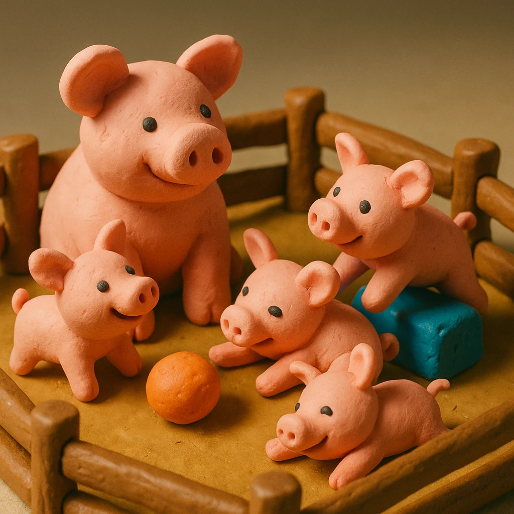 claymation style pig family in a wooden pen, piglets playing, colorful and cheerful emoji