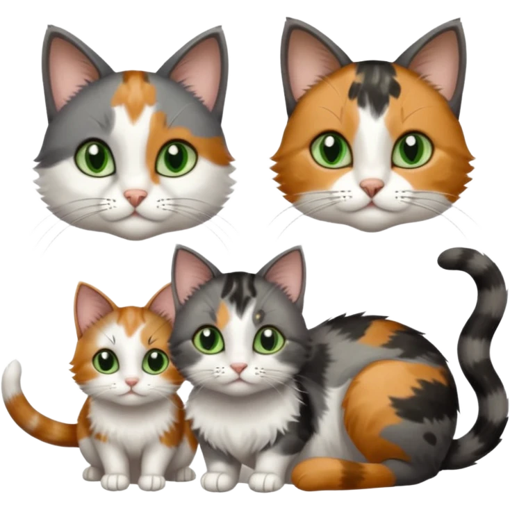 3 different coloured small cats including a dark grey and white, and a patchy calico with hazel eyes and a completely solid dark grey with green eyes and only white paws emoji