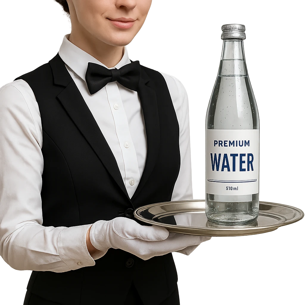 premium water bottle exposed on a premium plate by a high standard waitress emoji