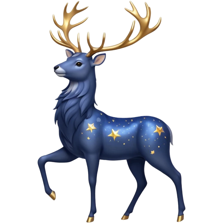 Celestial Stag emoji – full body, majestic stag with shimmering silver body and deep midnight-blue fur, tall glowing golden antlers shaped like constellations, small star accents, slight side angle emoji