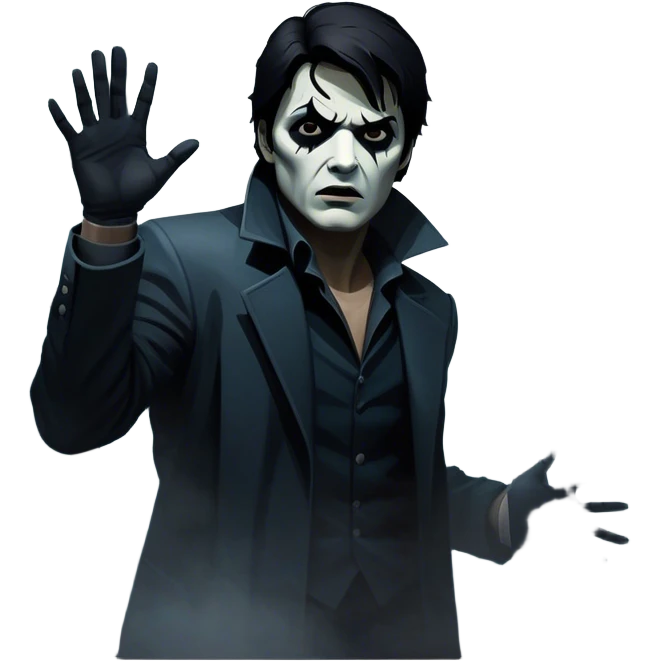 Thriller Movie Icon: A dramatic, intense movie poster-style collage. Dark, moody colors with shadows and high-contrast lighting. Include mysterious elements like an ominous figure, a broken window, and fog. A sense of suspense and tension. Transparent background. emoji