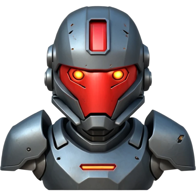 futuristic war robot portrait, head and shoulders only, aggressive design, sharp armor edges, glowing red eyes, battle-damaged helmet faceplate, heavy armor collar, intense dramatic lighting, sci-fi metal textures, 3D cartoon, mobile game icon style, clean background, no text, no watermark
 emoji