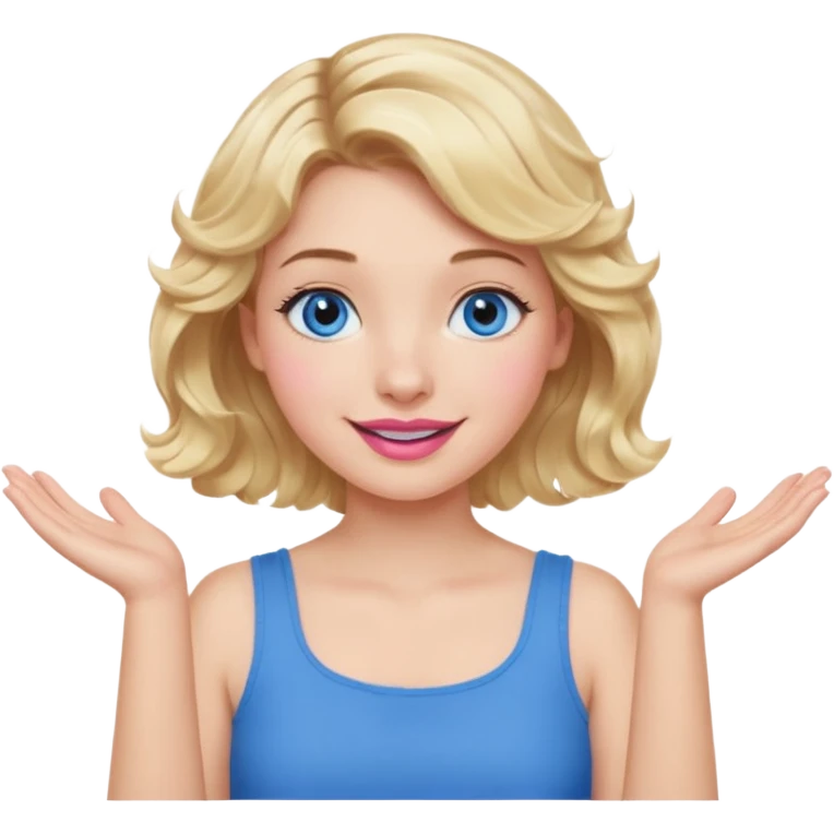 Girl Blonde short wavy hair,  blue eyes, cute blue top, long lashes, pink lips, smiling, shrugging hands raised emoji