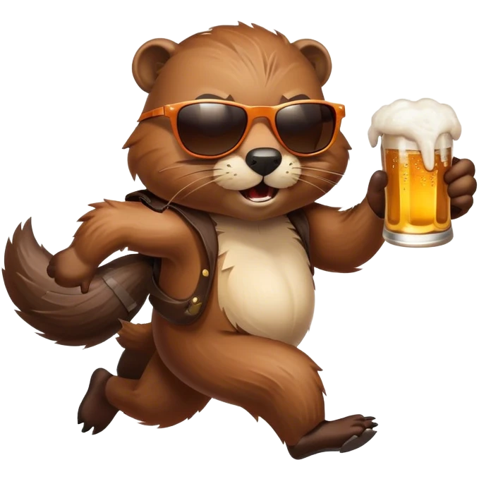 Beaver with cool sunglasses runnning from explosions and drinking beer. emoji