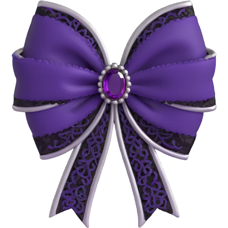 3D emoji gothic bow, deep violet velvet, ornate silver brooch, and black lace trim emoji