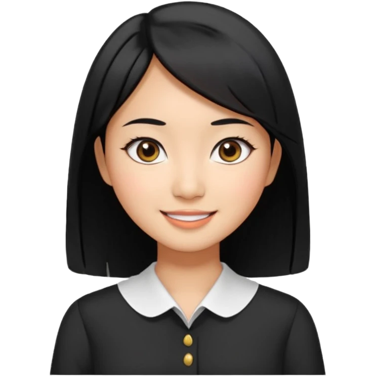30 yr old asian woman center parted hair big eyes big smile tanned skin straight black hair hippie part hair white blouse shoulder length hair middle parted hair few short bangs at front emoji