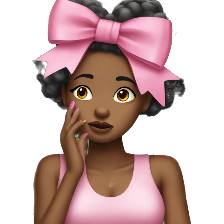Stylish black girl crying with pink bow on her hair and stack of money on one of her hands emoji