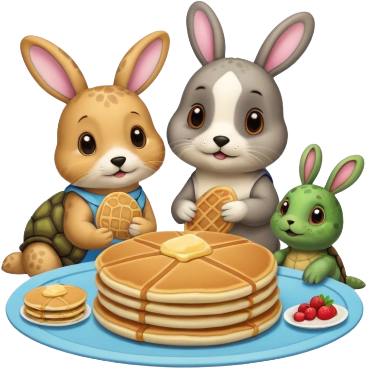 A seal, dog, bunny and turtle together eating pancakes emoji