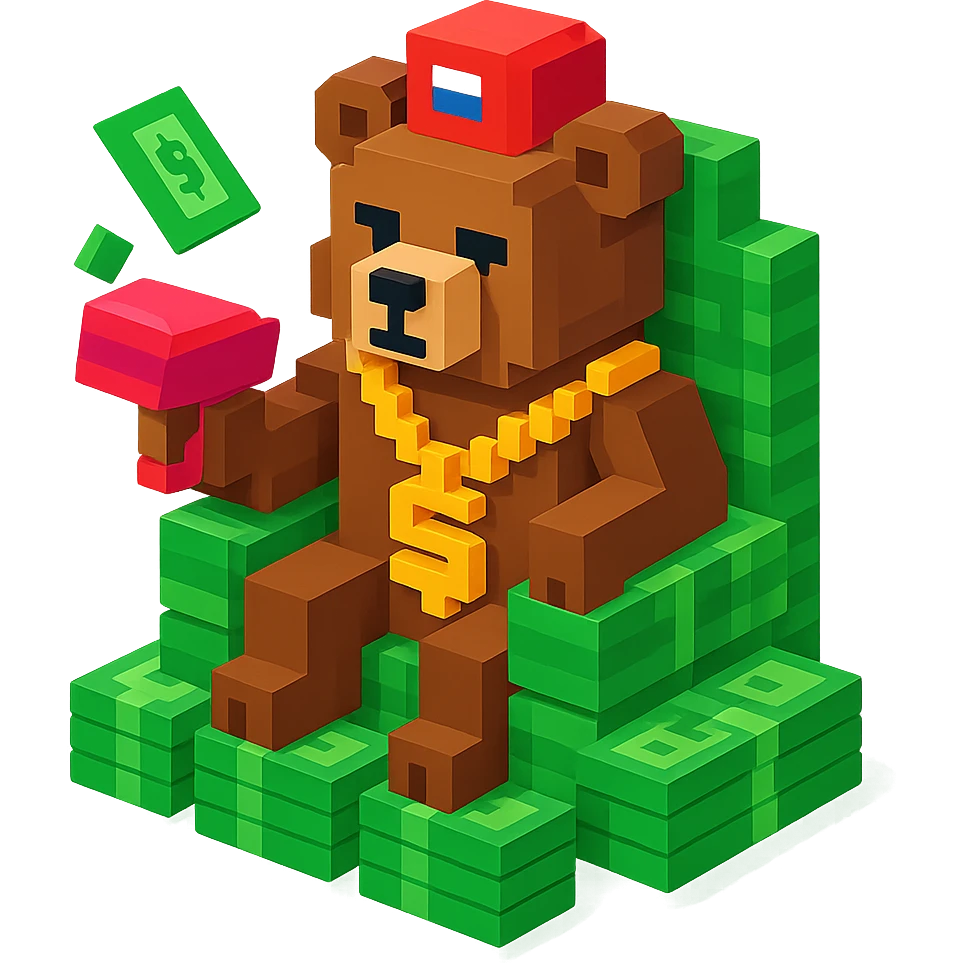 Russian grizzly bear with a rapper chain and a money gun, sitting on a throne of cash emoji
