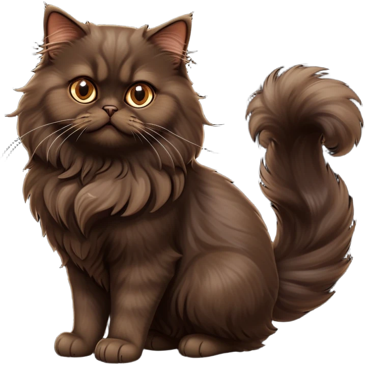 cinematic-[dark brown persian cat]-realistic-full-body-sitting-emoji,-tail-curled-playfully-around-its-paws,-head-tilted-dramatically,-fluffy-[dark brown]-fur,-simplified-yet-realistic-focused-features,-highly-detailed,-glowing-with-an-almost-sarcastic-glow emoji