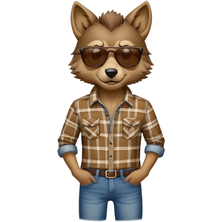 head and shoulders friendly brown-furred anthropomorphised wolf in plaid shirt and jeans, wearing dark sunglasses, upright pose emoji