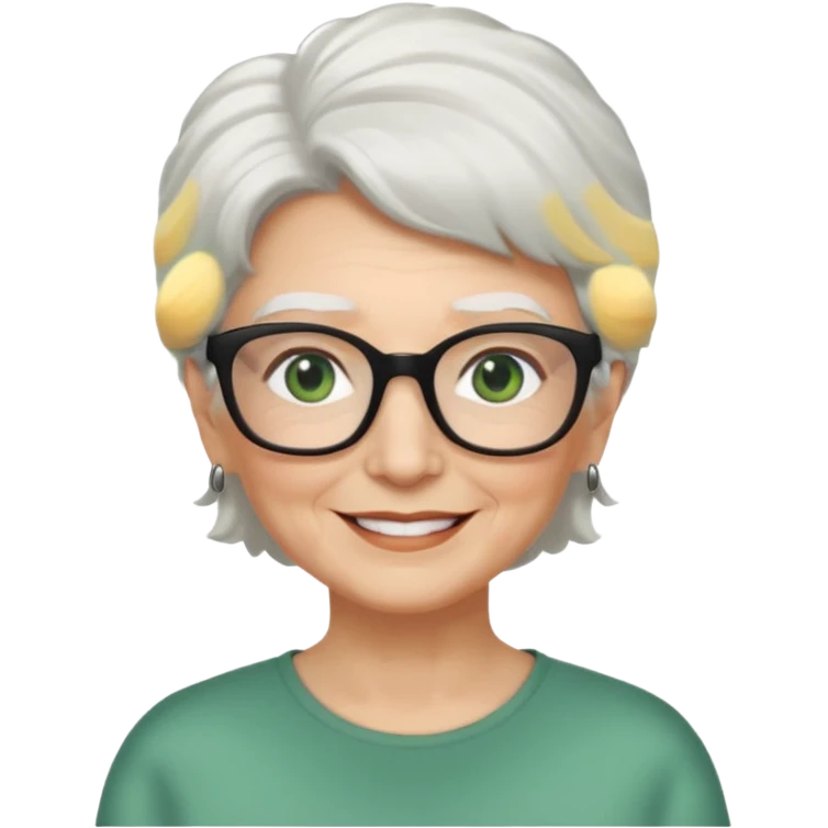 White hair grandma, green eyes, hair to shoulder, lokeg black glasses, rectangles face, smile , emoji