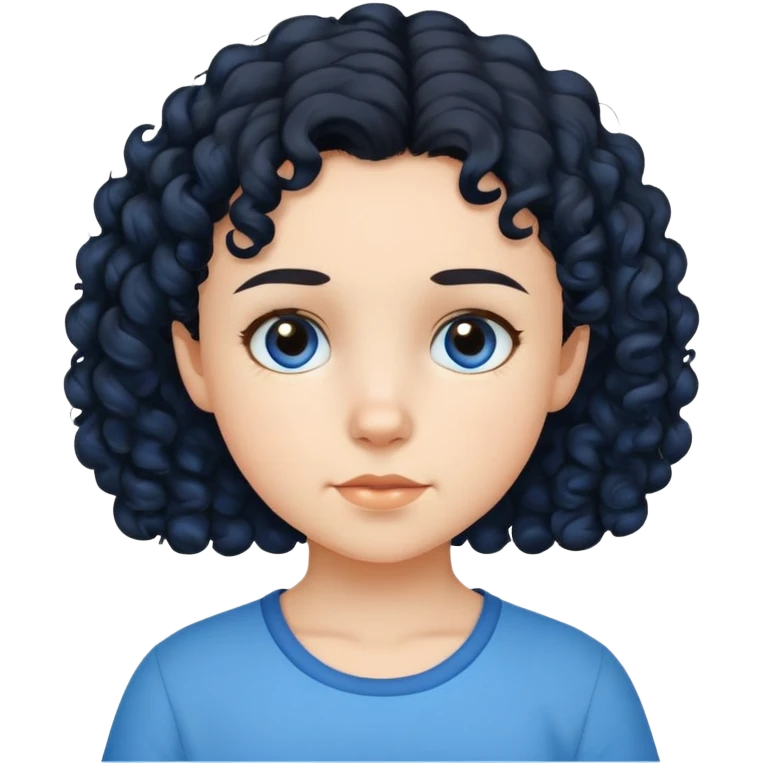 bé gái 10 tuổi, da trắng, tóc ngắn, xoăn, màu đen, áo màu xanh  emoji