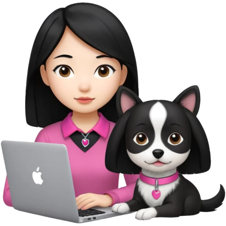 Asian girl with long black hair working on an Apple laptop, next to her is a small black and white dog with pink collar on  emoji