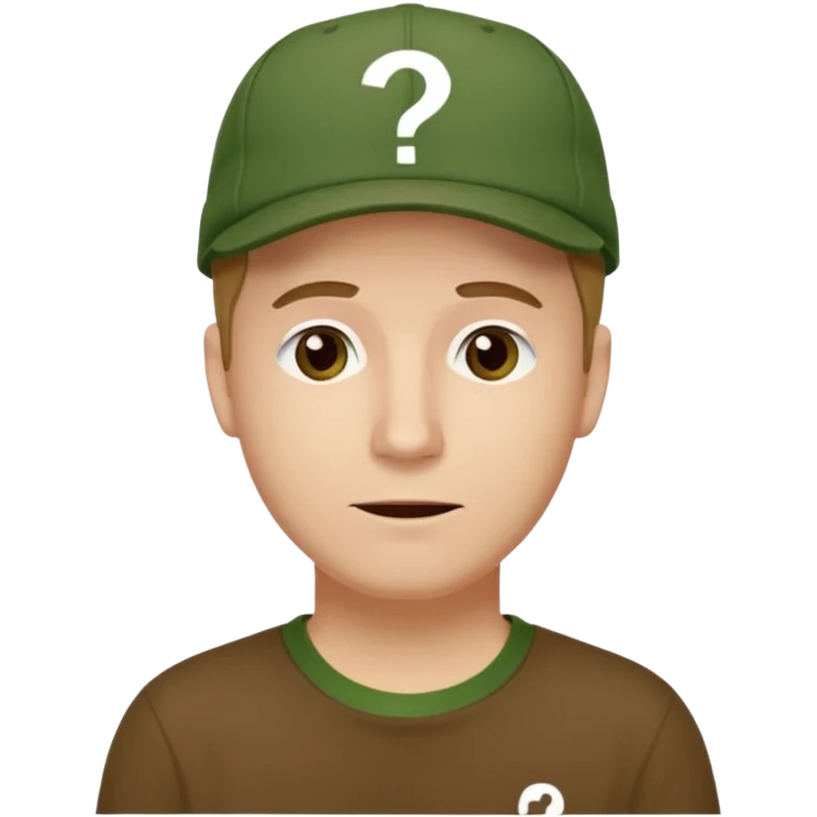 white fat man with brown cap and green t shirt printeed a question mark emoji
