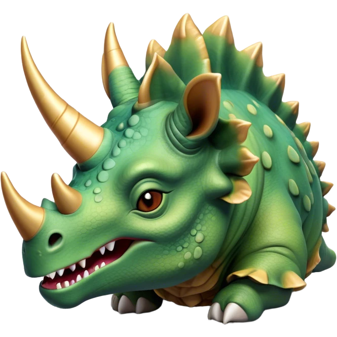 Beautiful and Majestic Triceratops Portrait Emoji, Head and body rendered in serene repose with a gentle, content smile, showcasing a robust, horned form with an intricately frilled head and eyes softly closed in tranquil repose, Simplified yet exquisitely endearing features, highly detailed, glowing with a soft, drowsy prehistoric light, high shine, relaxed and utterly majestic, stylized with an air of ancient splendor, soft glowing outline, capturing the essence of a beautiful and majestic Triceratops that embodies the timeless strength of the ancient world! emoji