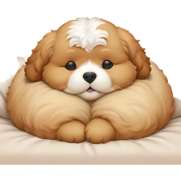 Cinematic Meme-Worthy Chubby Sleeping Cavoodle Portrait Emoji, Head resting peacefully with a contented smile, showcasing a delightfully chubby build and a luxuriously soft, curly apricot coat with gentle white accents, eyes shut in a serene nap, Simplified yet hilariously adorable features, highly detailed, glowing with a soft, drowsy light, high shine, relaxed and utterly lovable, stylized with an air of playful laziness, bright and heartwarming, soft glowing outline, capturing the essence of a comically sleepy Cavoodle, so meme-worthy it feels like it could instantly become the next viral sensation of adorable slumber! emoji