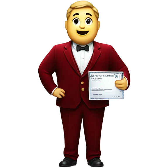 fat guy in dark red velvet suit holding cheque emoji