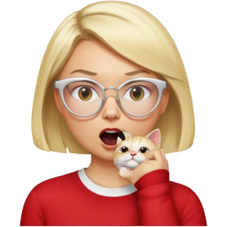 emoji style, side view woman with light skin, blonde bob hair, white cat-eye glasses, red shirt, hand cupped tightly around her mouth, hand close to nose and lips, shouting loudly, energetic expression, simple background emoji