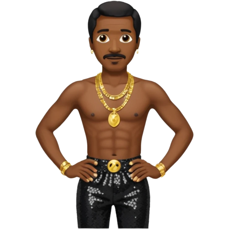 Ike Turner with black sequin baggy pants, shirtless with necklace emoji